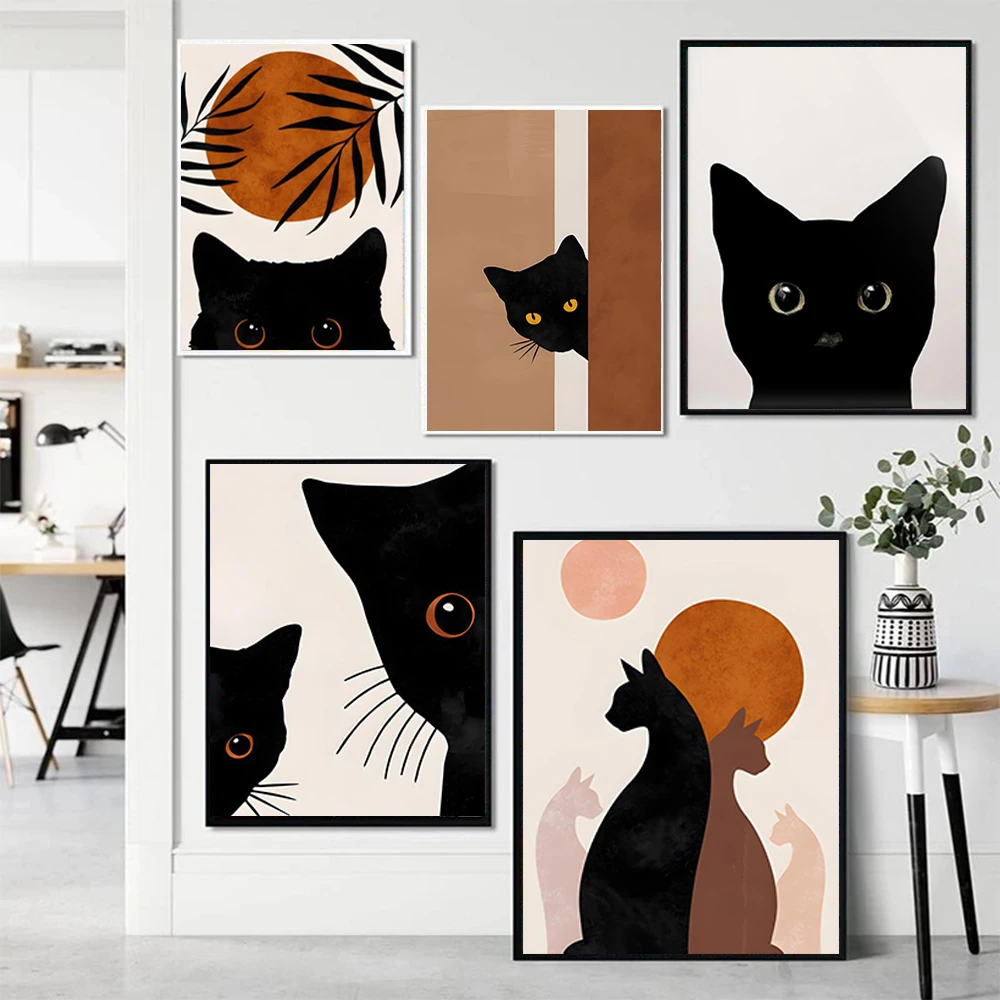 

Abstract Bohemian Sun Bowl Black Cat Home Living Room Bedroom Canvas Decorative Art Posters Modern Neutral Minimalist Printing