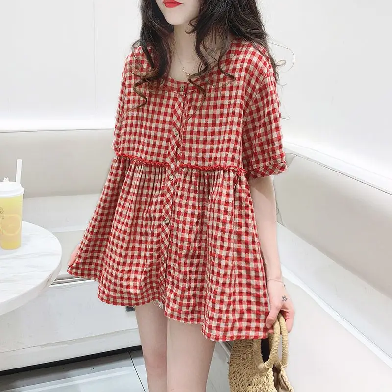 

Sweet Plaid Loose Shirt Tops Summer New Short Sleeve Button Thin All-match Youth Fashion Blouse Vintage Casual Women Clothing