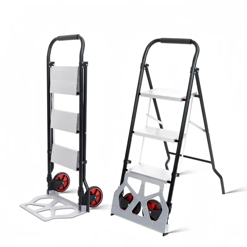 Multifunctional Folding Trolley Cart Combined with Aluminum Alloy Ladder Mini Herringbone Step Stool Household Portable Small