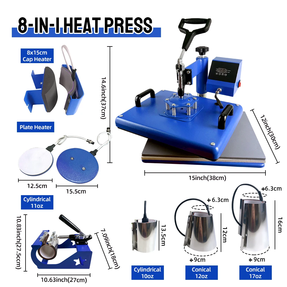 8 in 1 Combo Heat Transfer Machine 29*38cm Sublimation Heat Press for T-shirt Clothes/cap/mug