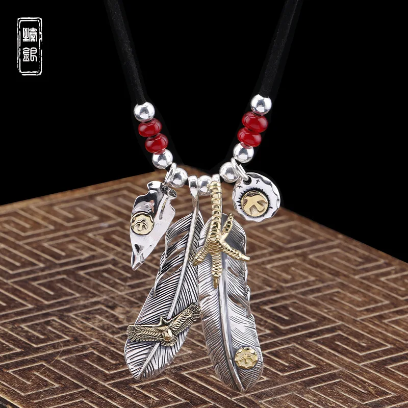 

S925 Silver Feather Eagle Claw Beaded Leather Rope Chain Vintage Takahashi Wulang Pure Silver Pendant Personalized Men's Sweater