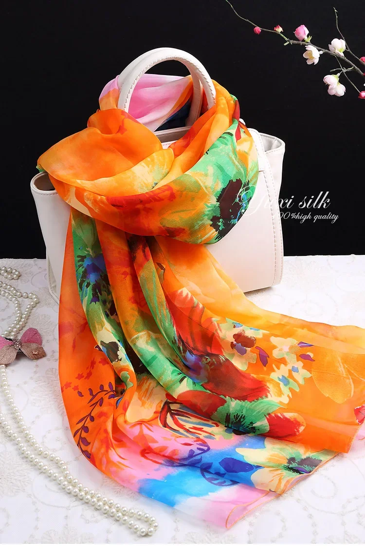 100%  silk scarf  Women Printed  Orange floral silk scarf ladies Hangzhou  all seasons  elegant  soft Long Shawl Wrap  spring