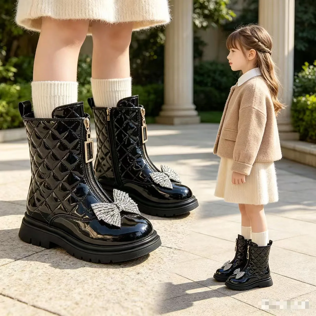 New Girls Autumn Winter Bow Plaid Mid-Calf Boots Side Zipper Non-Slip Short Boots Warm Soft-Soled Fashion Boots Children Kids