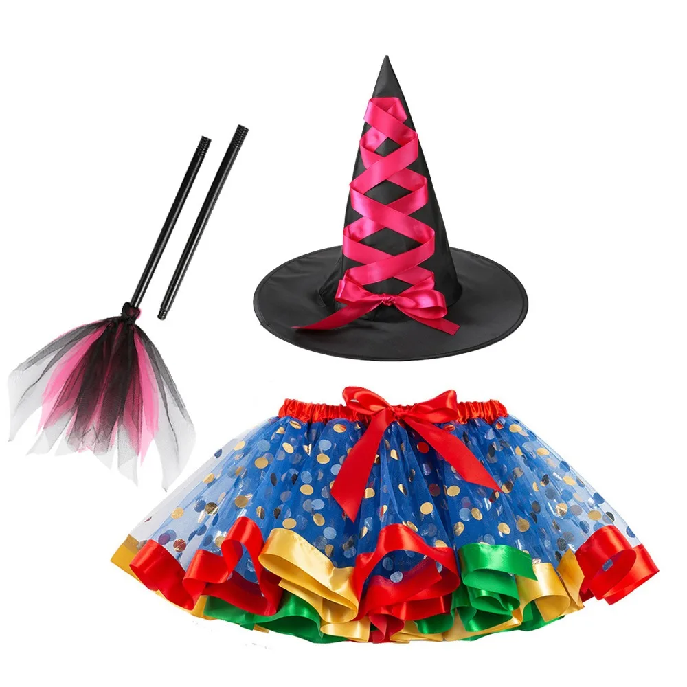 

Gothic Kids Halloween Costume Wand with Hat Halloween Tutu Dress Broom Cosplay Halloween Children's Witch Dress Carnival Party