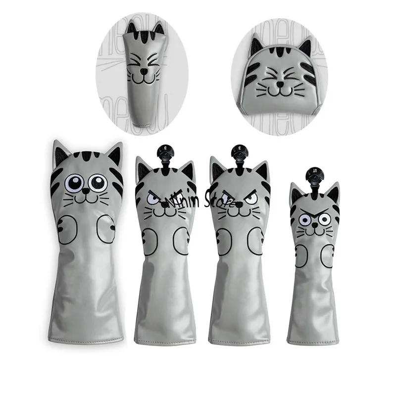 

Cute Grey Cat Golf Head Covers for Driver Fairway Hybrid #1#3#5#7#UT Magnatic Putter Covers Waterproof PU Leahter Durable Covers