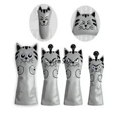 Cute Grey Cat Golf Head Covers for Driver Fairway Hybrid #1#3#5#7#UT Magnatic Putter Covers Waterproof PU Leahter Durable Covers