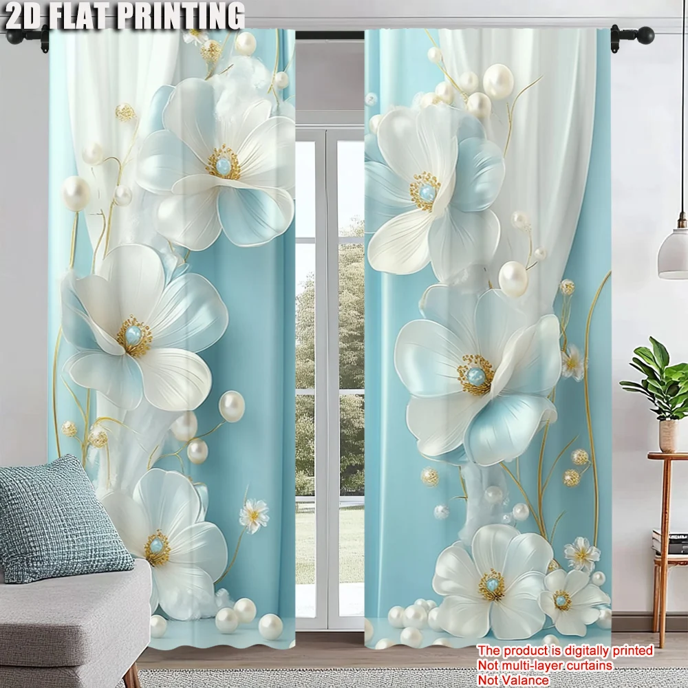 

2pc, Party Curtain blue floral Machine Washable Polyester,Without Electricity Versatile for Holiday Celebrations