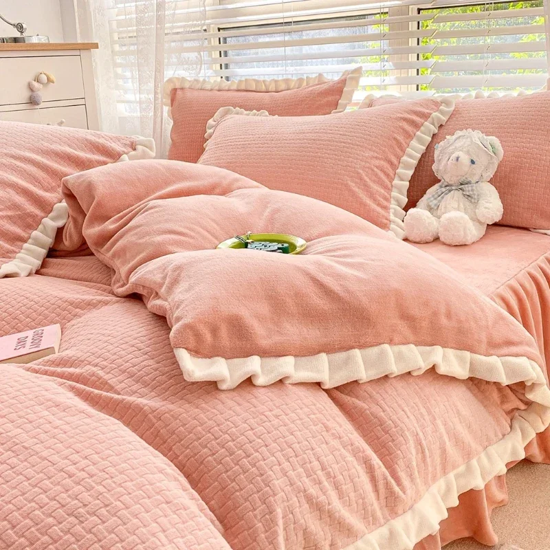 Carved milk fleece four-piece set thickened warm solid color winter flannel fleece quilt cover coral fleece bedding