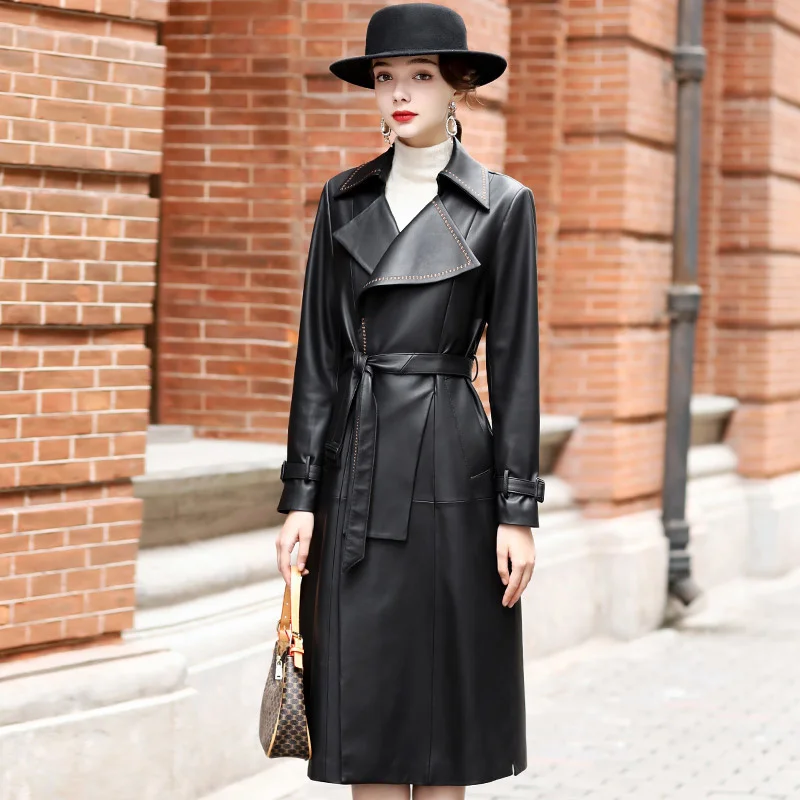 2023 nuova giacca in vera pelle di pecora cappotto con cintura primaverile abbigliamento donna giacche lunghe Silm Trenchcoat femminile nero C