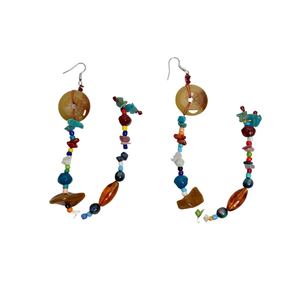 

Color natural stone beaded fringed earrings women's light luxury niche earrings long earrings
