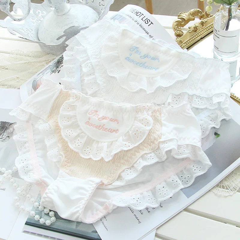 Cotton Milk Silk Low Waist Women Cute Lovely Sweety Underwear Lolita Princess Style Lace Ruffles Panties Breifs