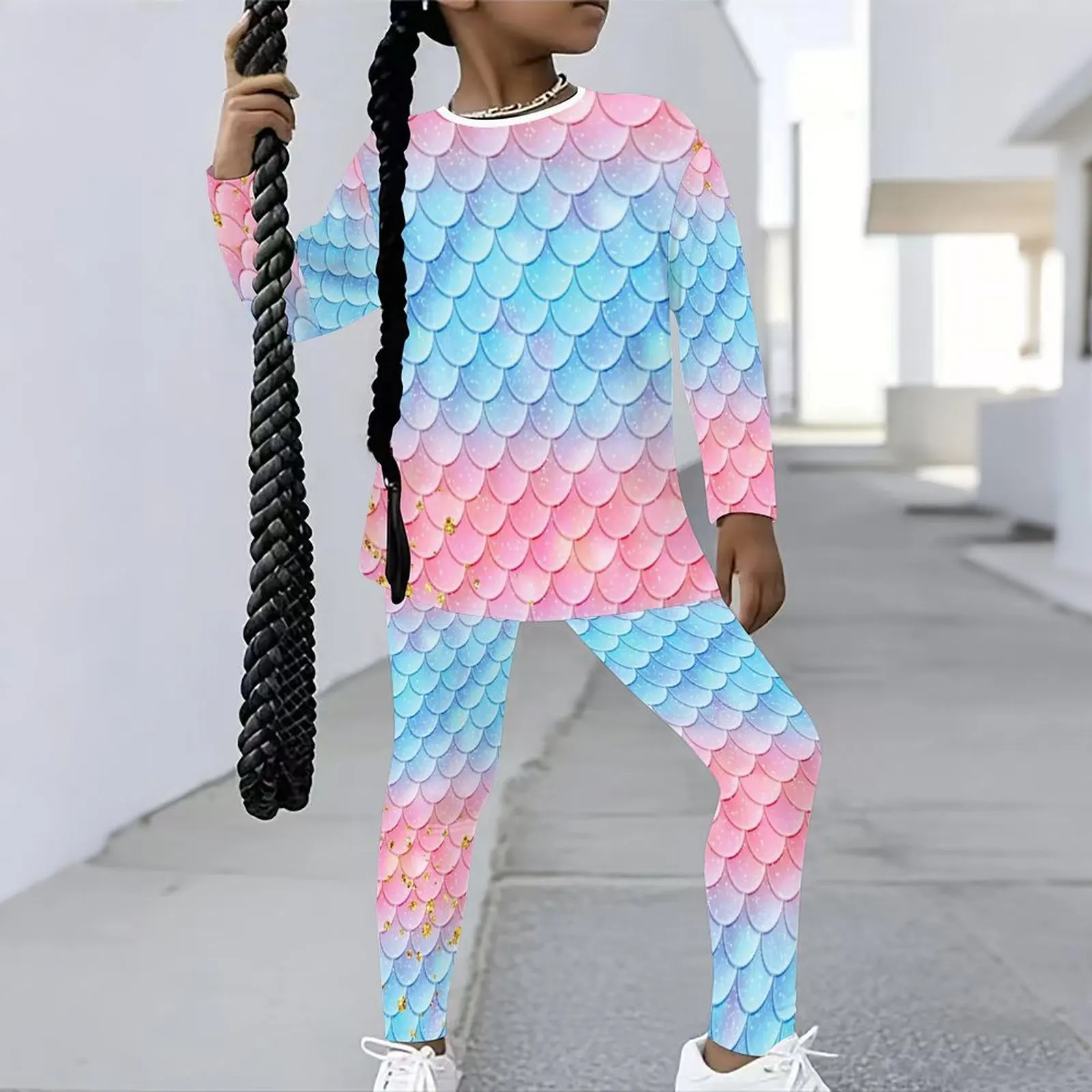 Winter Jogging Pants Girls Print Long Sleeve Round Neck Top Cute Two-Piece Daily Casual T-shirt Autumn Leggings
