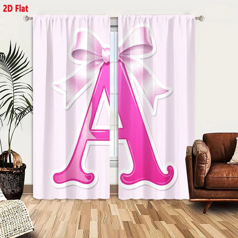 2Pcs Curtains 2D Flat Stylized Glossy Pink Letter A With White Outline And Light Pink Satin Bow On Light Pink Background Window
