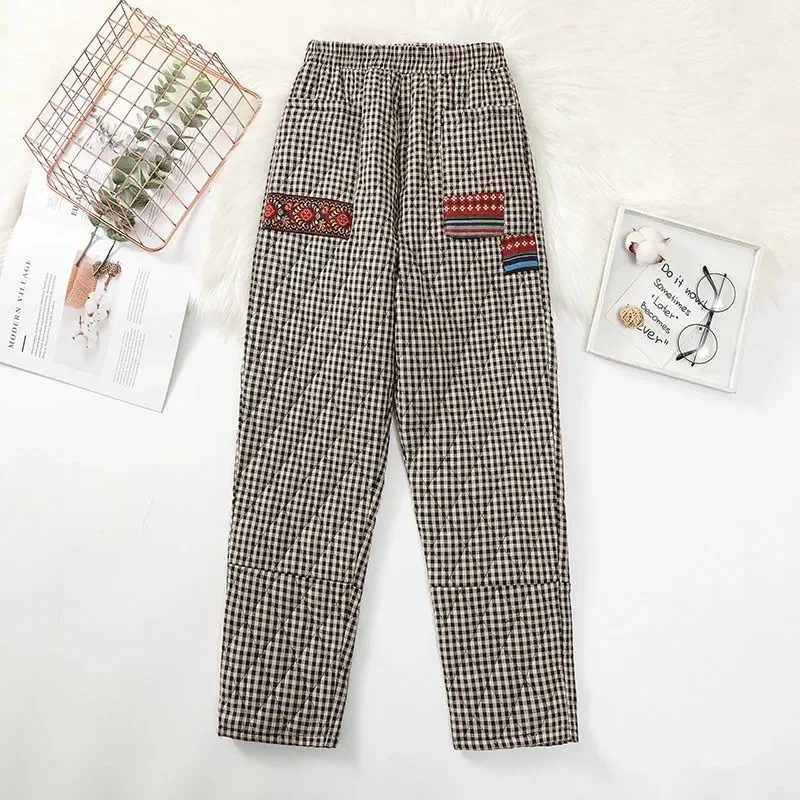 Women\'s Retro Checkered Quilted Cotton Pant With Thick Warm Down Cotton Pant Harlan Pants Female Plaid Trousers Winter Black Red