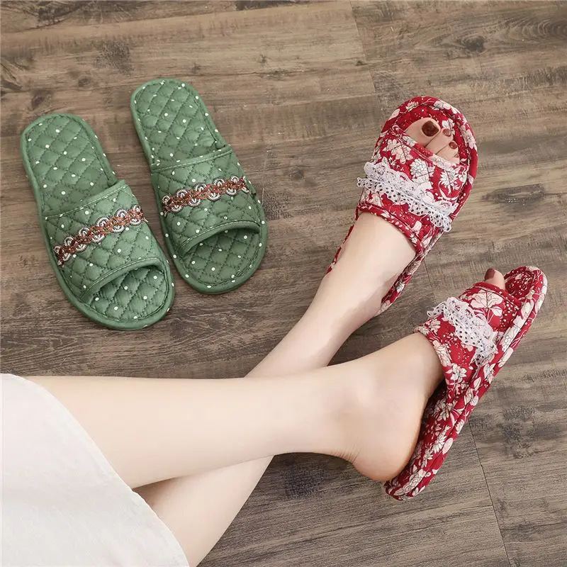 Korean Edition Fragmented Flower Cloth Bottom Slippers, Home Cotton Cloth, Quiet and Comfortable Soft Bottom Floor Slippers