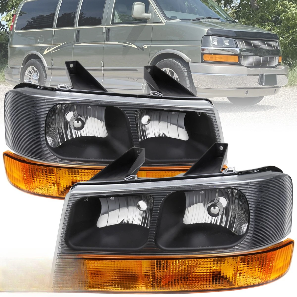 

Headlights Bumper Lights Fits 2003-2014 Chevy Express Savana 1500 2500 3500