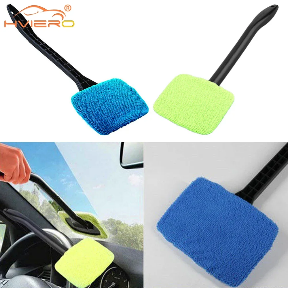 1X Car Window Cleaner Brush Windshield Dust Removal Wash Wiper Microfiber Auto Cleaning Tool Long Handle Accessories Blue Green