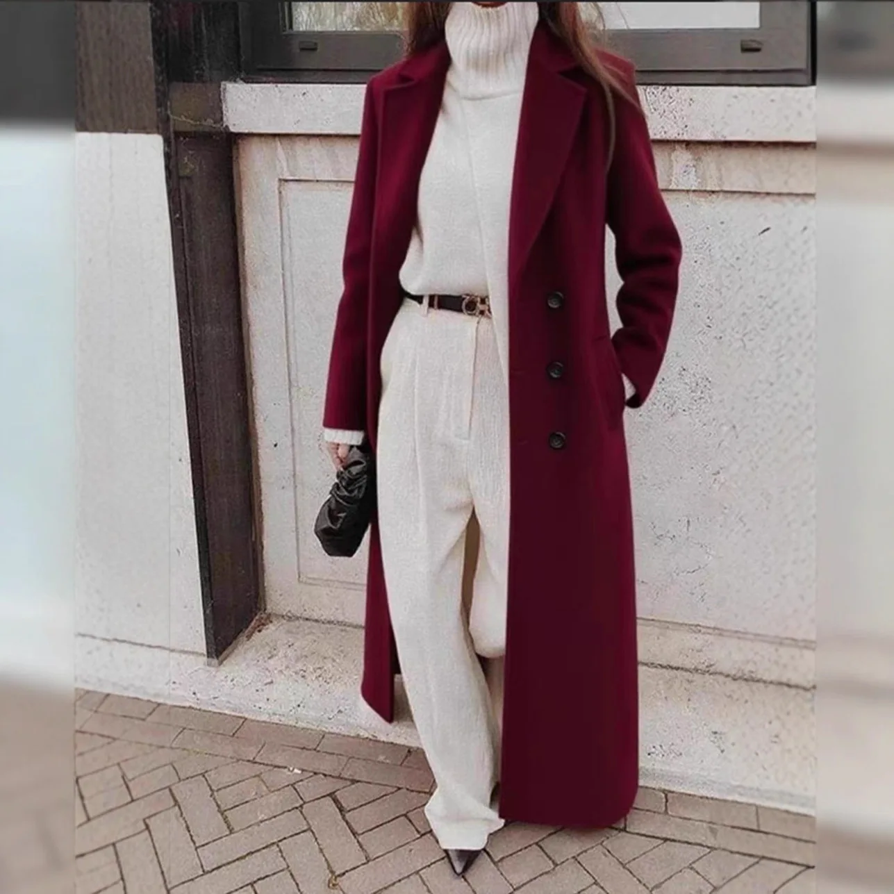 Caldo cappotto di lana Casual lungo colore puro Autunno Inverno da donna Faion Capispalla Materiale di seta V-Ne Cappotto stampato sottile