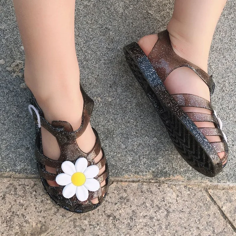 New Girls Summer Sandals Children Shoes Cubic Flower Figure Transparent Models Flat Sandals Outdoor Parent-child Kid Beach Shoes