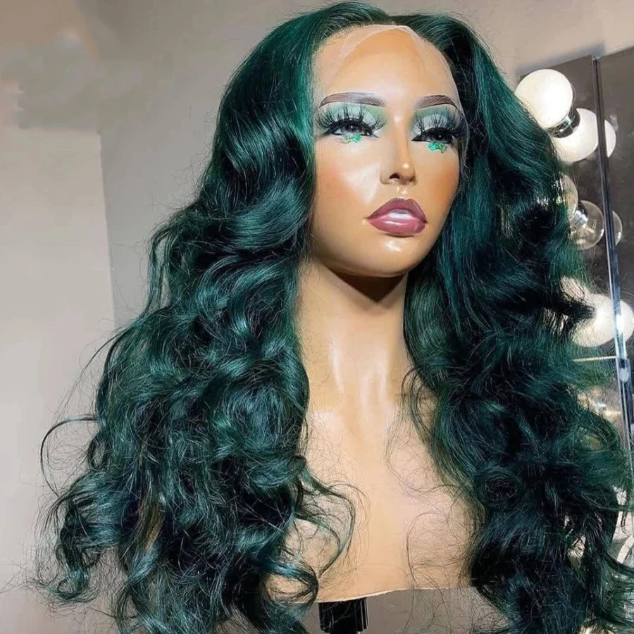 

Green Color Body Wave Preplucked Synthetic Hair Lace Frontal Wig For Women Glueless Fiber Hair Transparent Lace Wigs