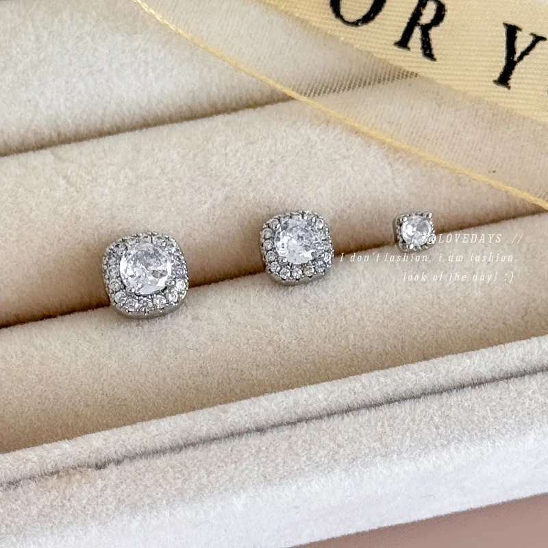Single Square Zirconia Stud Earring Full Diamond Hypoallergenic Silver Post Lightweight Elegant Daily Commute Jewelry for Women