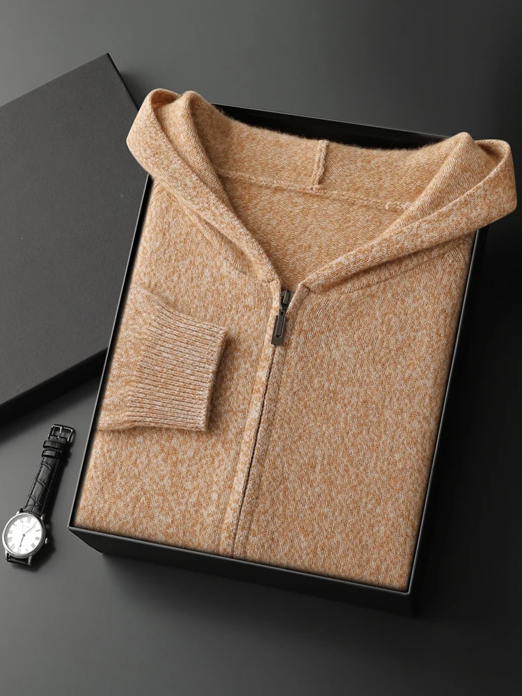 Thick Flower Yarn Hoodie Men Zippers Cashmere Sweater Cardigan Autumn Winter 100% Cashmere Knitwear Casual Long Sleeve Warm Top