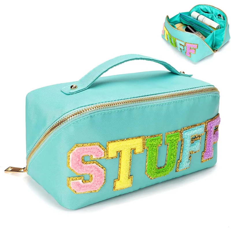 Embroidered nylon foldable cosmetic bag with letters, portable travel multifunctional storage bag, waterproof toiletry bag