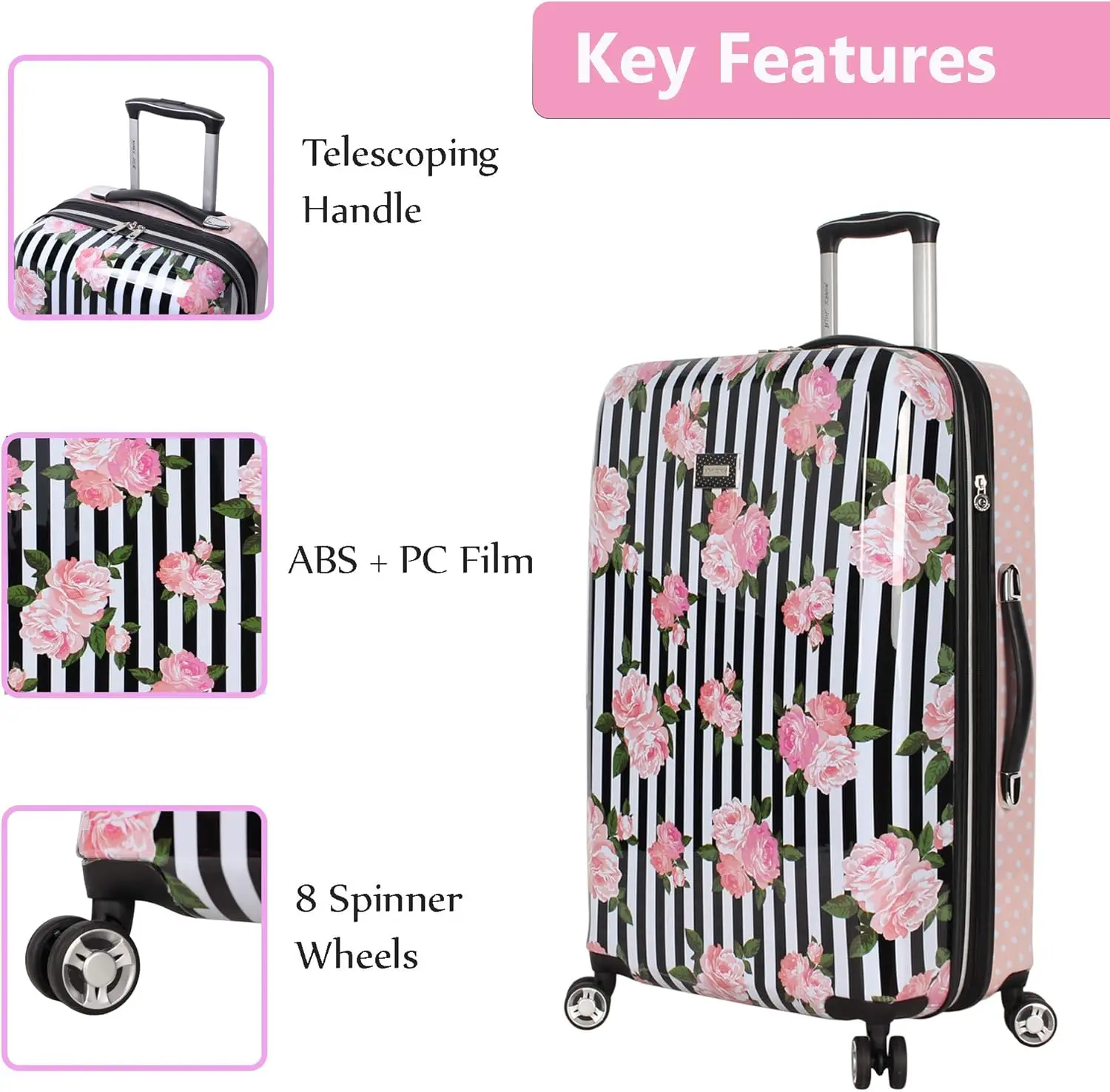 Designer Luggage Collection - Expandable 3 Piece Hardside Lightweight Spinner Suitcase Set (Stripe Roses)