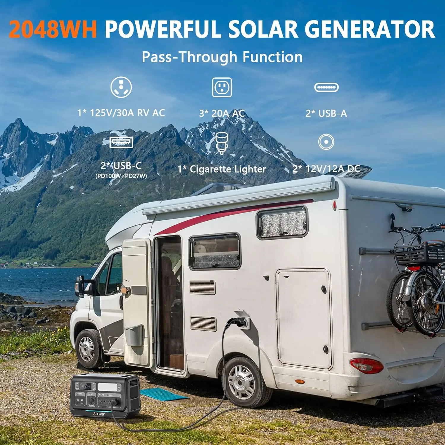 

Solar Generator2400Wwith1x200WSolar Panel2048Wh LiFePO4Portable Power Station,Fast Charge in1.5H,4AC Outlet,Expandable to10240Wh