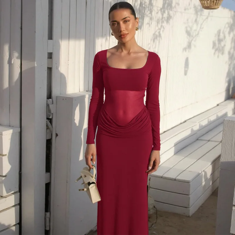 Blifanbo outono u pescoço malha maxi vestido feminino retalhos ver através de manga longa festa vestido longo elegante moda sexy vestido