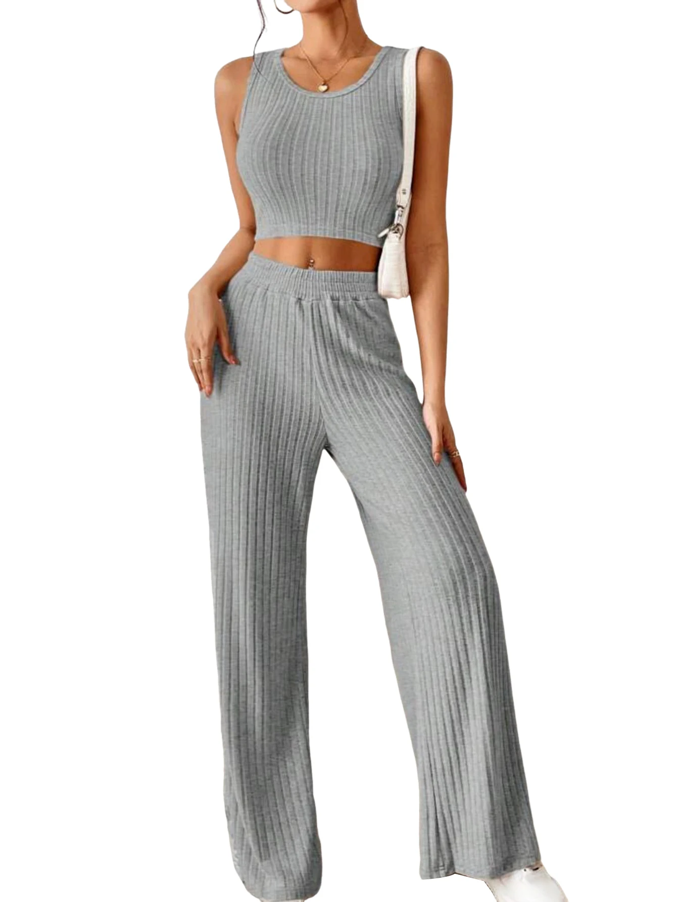 

Women Two Piece Set Sleeveless Vest Top Summer+Long Wide Leg Pants Women Clothing Suit Knitted