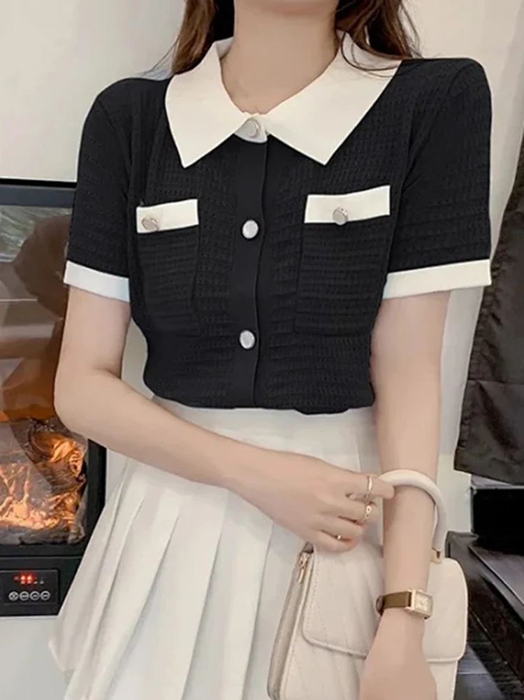 Korean Fashion Clothes Short Sleeve Tees Women T Shirt Knitted Turn Down Collar Cardigan Female Tops 2023 Summer Camisetas Mujer