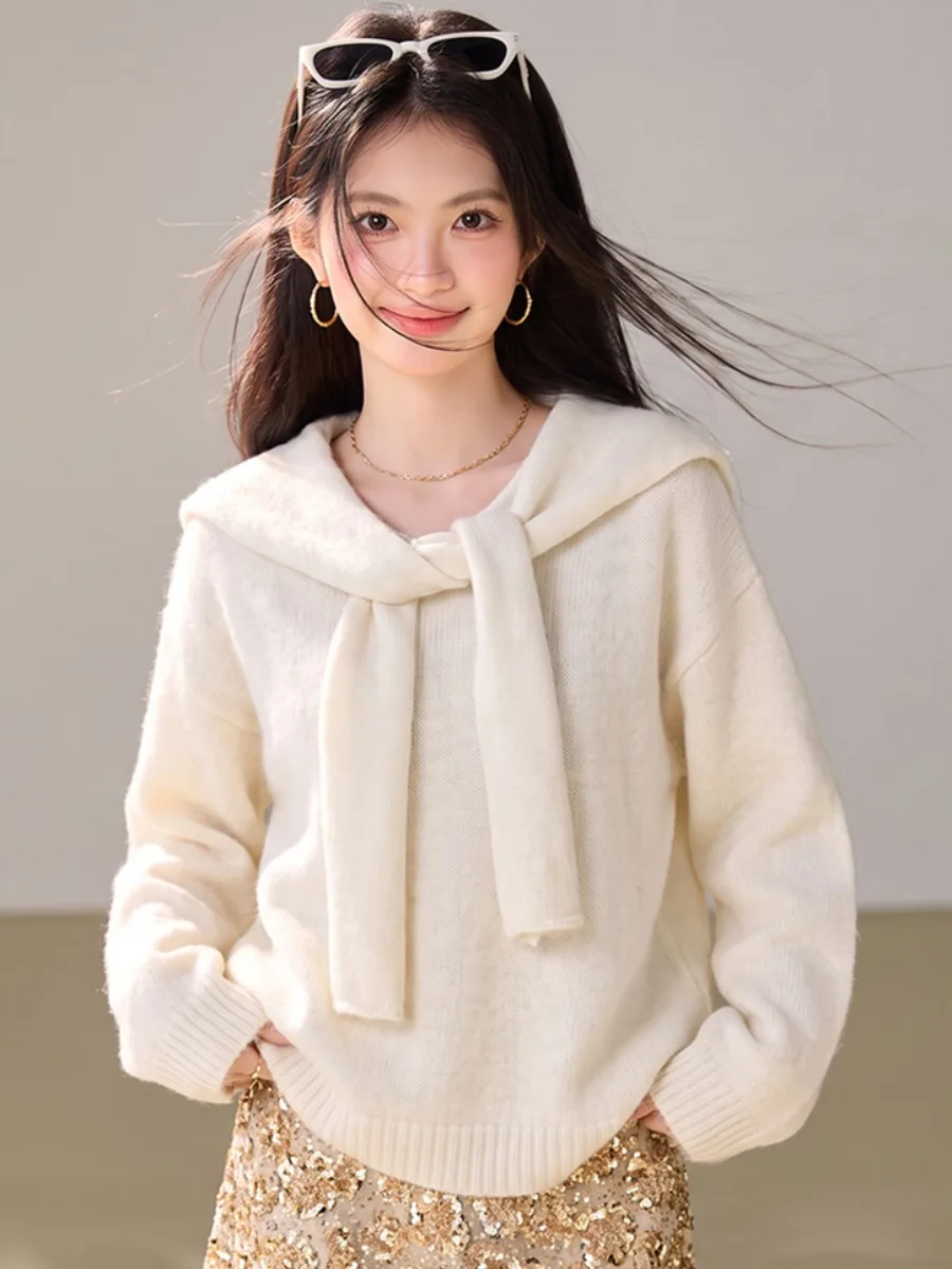 Soft Knitted Long Sleeve Sweater with Bow Tie Loose Fit V-Neck Women's Autumn Fashion Casual Warm  Color Knitwear