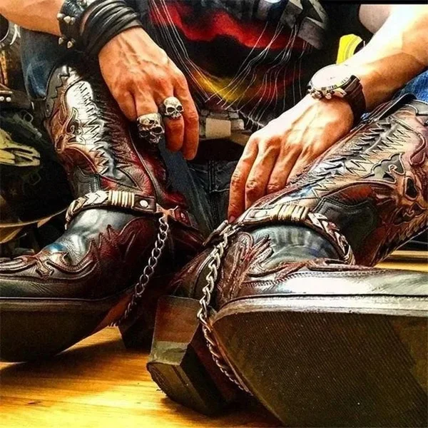 Embroidered Western Boots Pointed Toe Low Heel Bold Cowboy Style for Edgy Casual Biker or Country Festival Fashion Looks