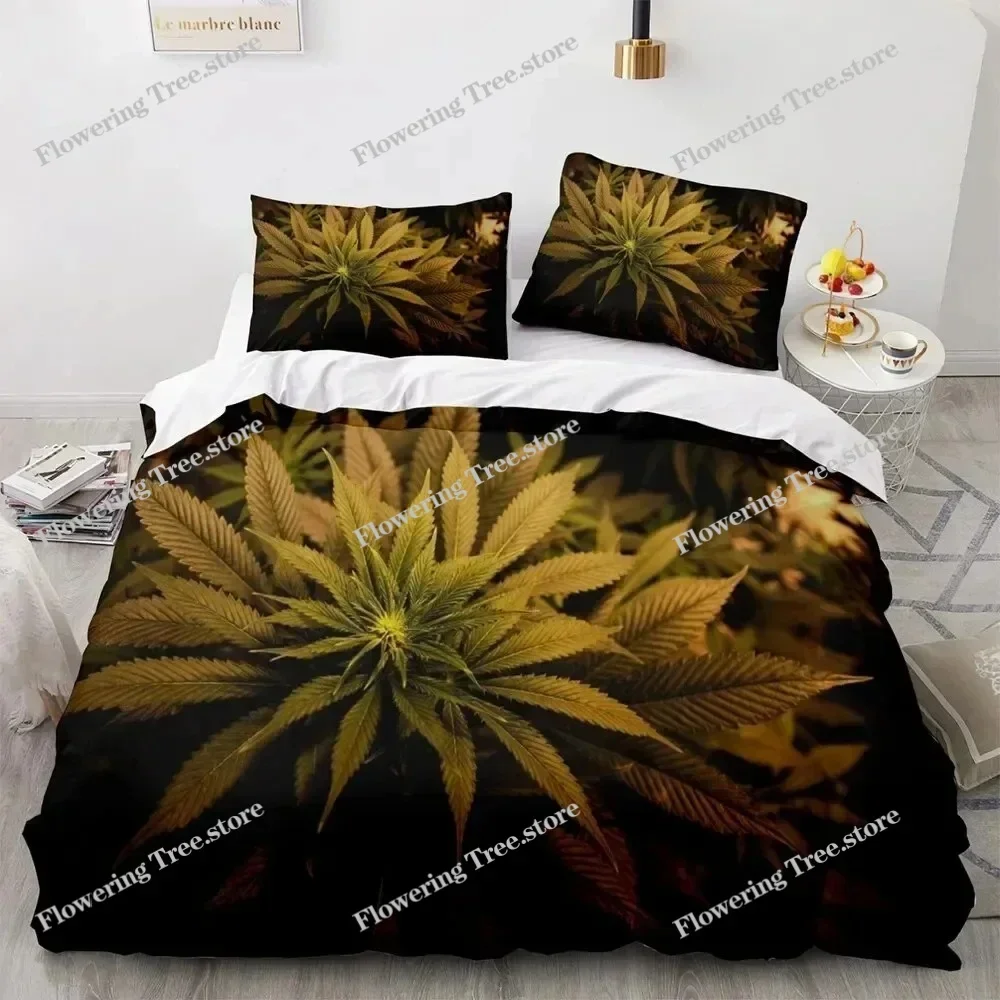 Marijuana Weed Leaf King Queen Duvet Cover Green Maple Leaves Bedding Set for Adults Palm Leaves Polyester Quilt Cover029