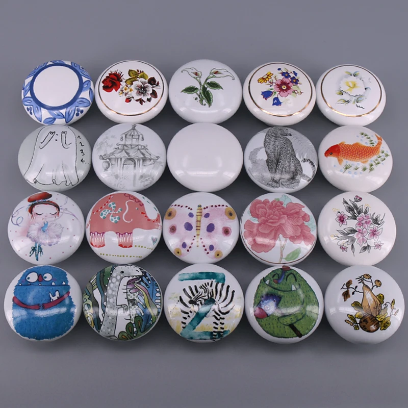 1x Printed Ceramic Knob Drawer Pull Handle Kids Bedroom Rural Style Ceramic Dresser Wardrobe Closet Knob 38mm