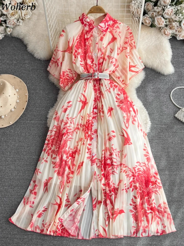 

New Temperament Printing Robe Femme Single Breasted Vintage A-Line Dresses 2025 Vestidos De Mujer Slim Waist Belt Pleated Dress