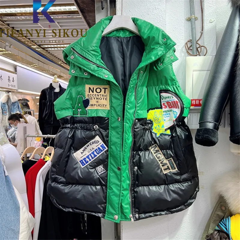 Winter Vest Women Patchwork Fashion Hooded Down Jackets Letter Patch Sleeveless Vest Cotton Coat Streetwear Loose Waistcoat