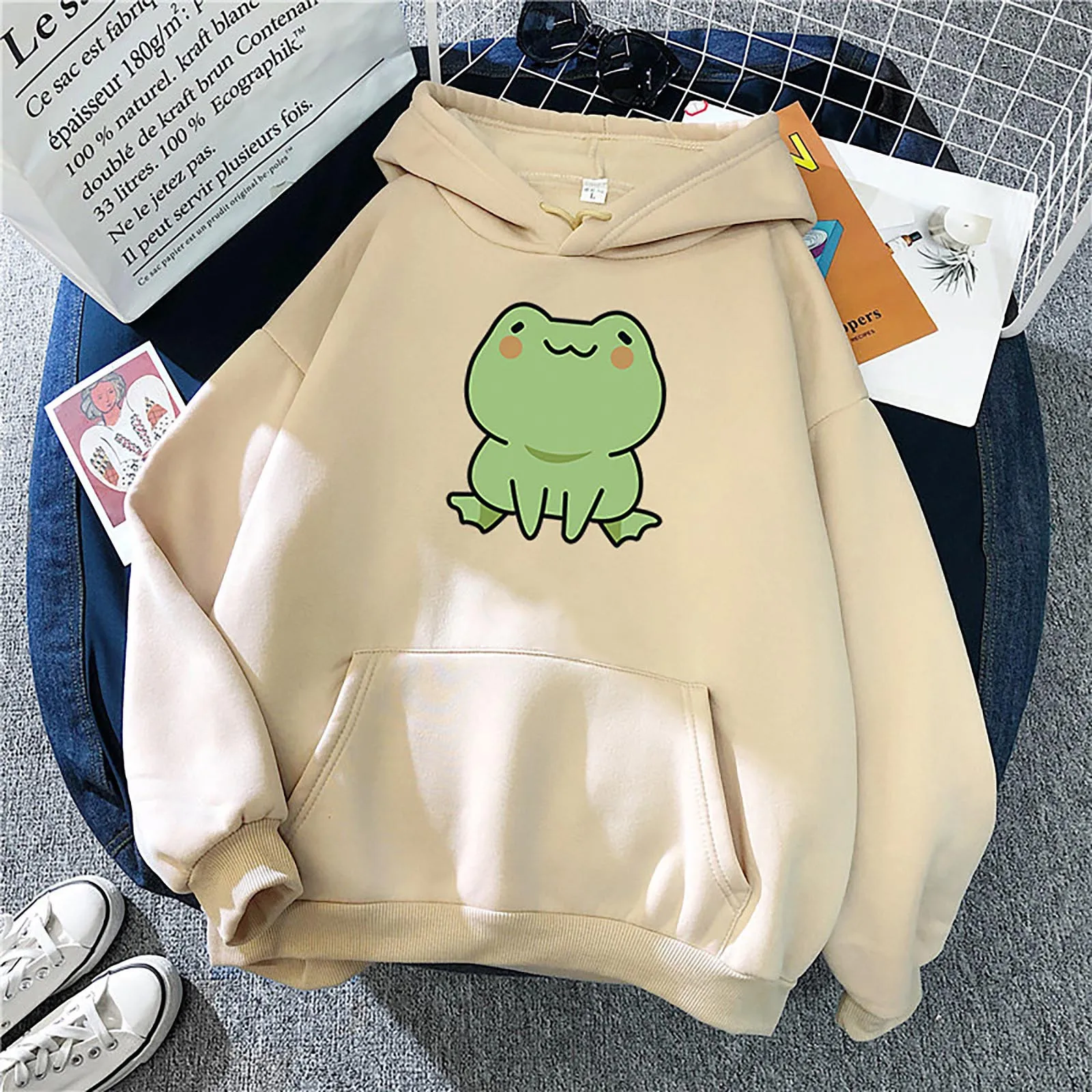 Women Cute Frog Print Hoodie Ladies Candy Colored Long Sleeved Fleece Hooded Student Loose and Casual Top