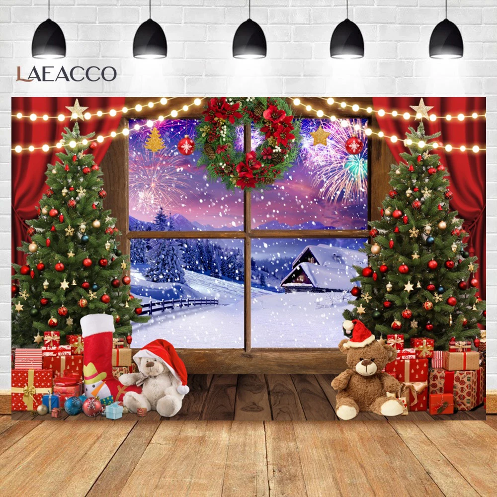 Laeacco ลูกบอลสุขสันต์วันคริสต์มาสต้นของขวัญดาวหมอนหน้าต่างบ้านชนบทภาพบุคคลทารกฉากหลังถ่ายภาพ