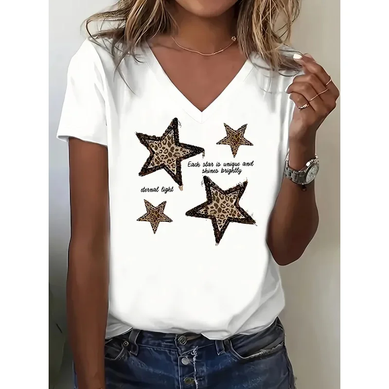 Modern Graphic T-Shirt with V-Neck, Casual Y2K Style, Star Print T-Shirts for Women, Sleeve T-Shirt