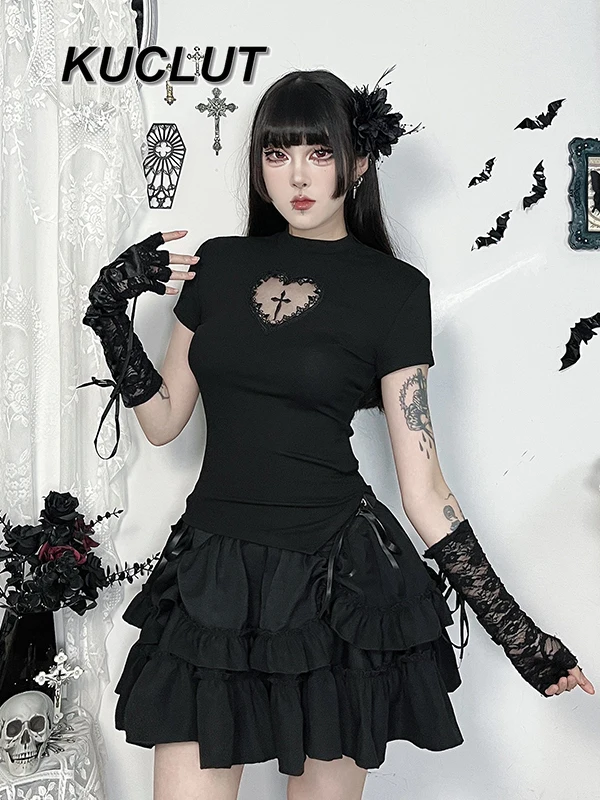 ゴシック半袖 Tシャツウエストスリムスパイス O ネックトップとスカートスーツサブカルチャー Y2k スタイル 2 点セット女性の夏