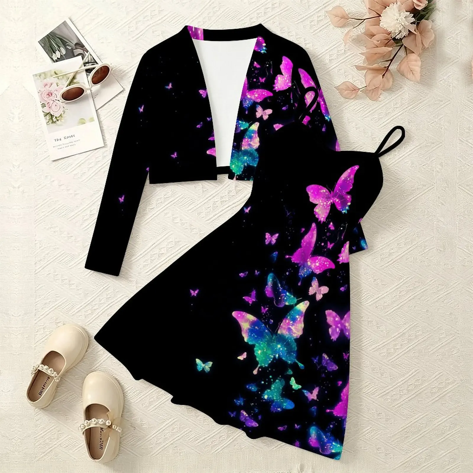Fashion Girls Print 2Pcs , Casual Long Sleeve Outerwear &Sweet Adorable Slip Dress, Daily Party Outfit