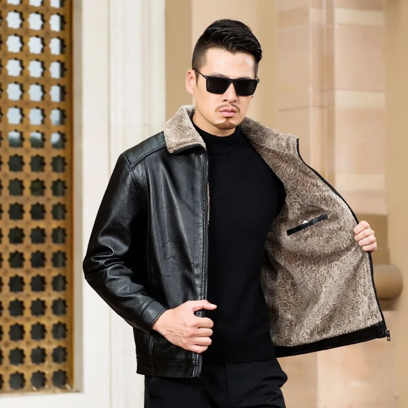 

New Winter Black Men's Loose Fit Fleece Lined Leather Jacket with Lapel Trendy Style