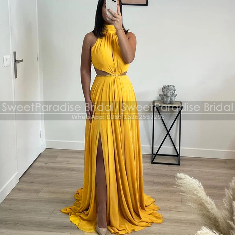 Customized A Line Bridesmaid Dresses Gold Yellow Chiffon High Neck Side Split Long Cut-Out Bridal Party Dress Maid Of Honor