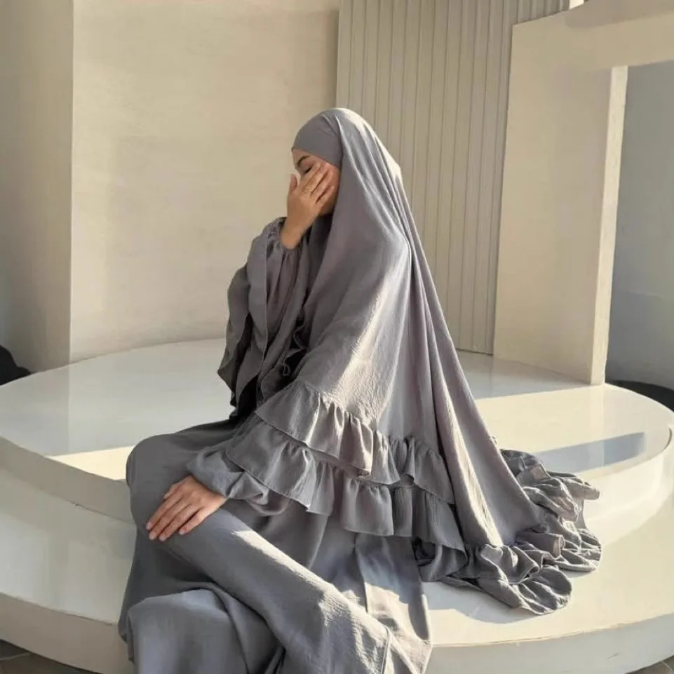 

Eid Djellaba Khimar Jalabiya 2PCS Ruffles Muslim Women Hijab Dress Niqab Prayer Garment Islam Clothing Ramadan Robe Kaftan Abaya