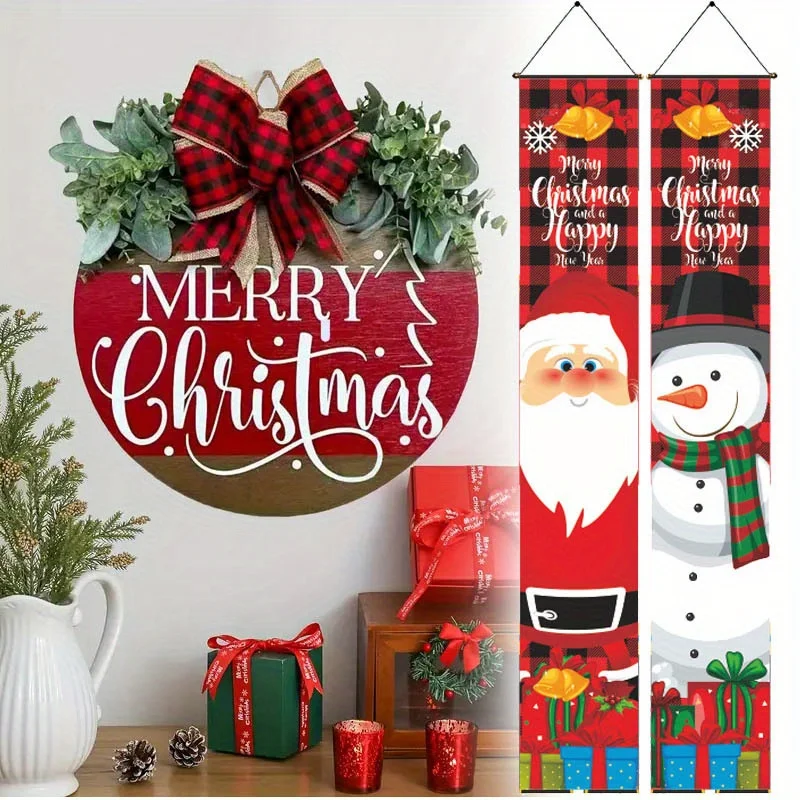 3pcs Christmas Decorations Wooden Welcome Sign and Christmas Hanging Door Banner Merry Christmas Decorations for Home Xmas