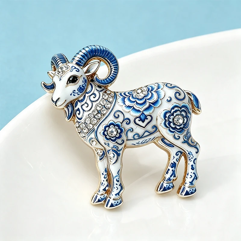 Wuli&baby Ziegenbroschen im blau-weißen Porzellandesign für Damen und Herren, Tierbroschen für das Jahr des Schafs, Partybroschen, Neujahrsgeschenke – Detail 4