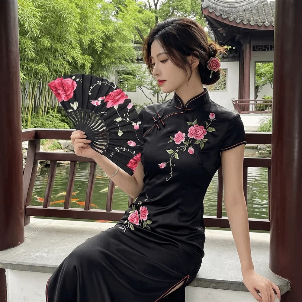 Exquisite Plastic Rod Folding Fan Decorative with Fan Ring Flower Handheld Fan Hollow Cloth Hand Fan Hanfu Accessories