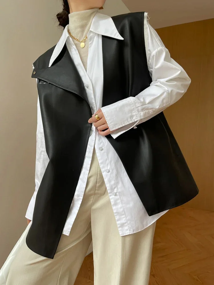 Black Simple Sheepskin Coat for Women Spring Autumn 2024 Trend Elegant O-neck Genuine Leather Sleeveless Vest Jacket